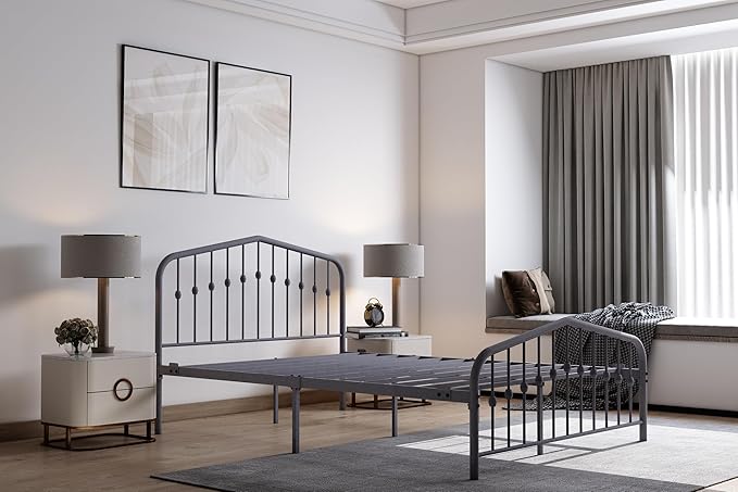 Washington Queen Metal Bed Frame with Headboard and Footboard Platform/Wrought Iron/Heavy Duty/Metal Slat/Grey Silver/No Box Spring Needed