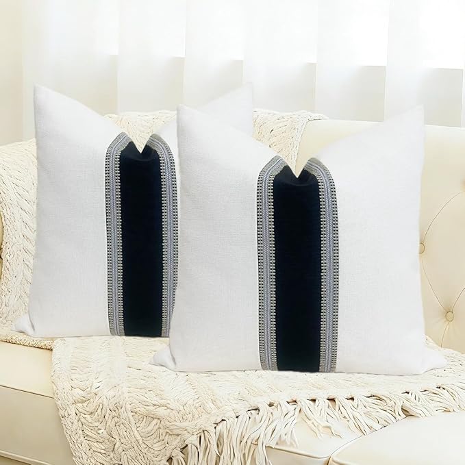 Slow Cow Pack of 2 Linen Decorative Off White and Black Patchwork Throw Pillow Covers Textured Cushion Covers for Couch Sofa Square 16 x 16 Inches