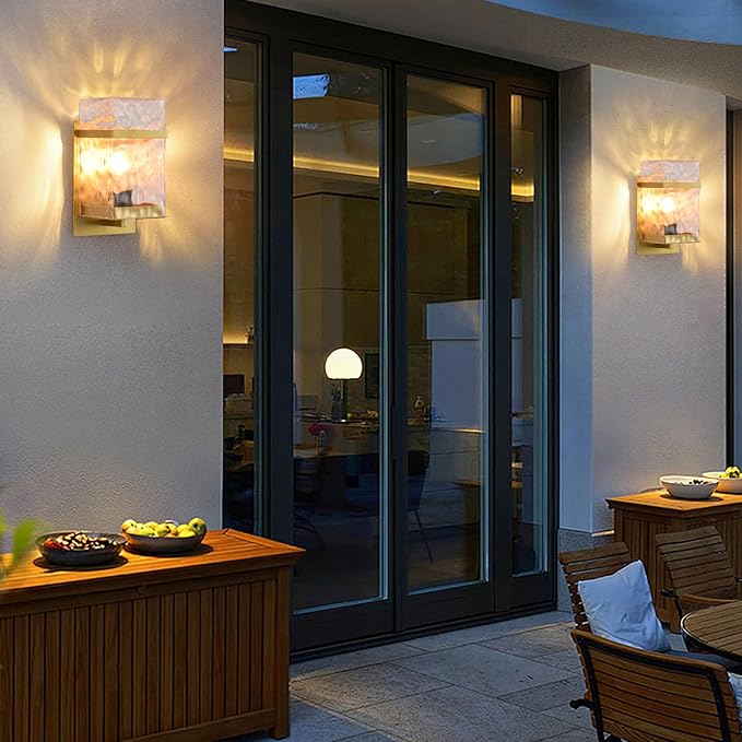 Outdoor Wall Light,Gold Exterior Waterproof Lanterns,Porch Sconces Wall Mounted Lighting with E26 Sockets & Glass Shades, for Garage,Doorway,Patio,Front Door