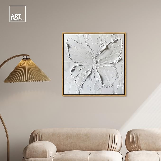 Art Remedy White Butterfly Canvas Elegant White Gold Wall Art, Gold Frame, 30" x 30"