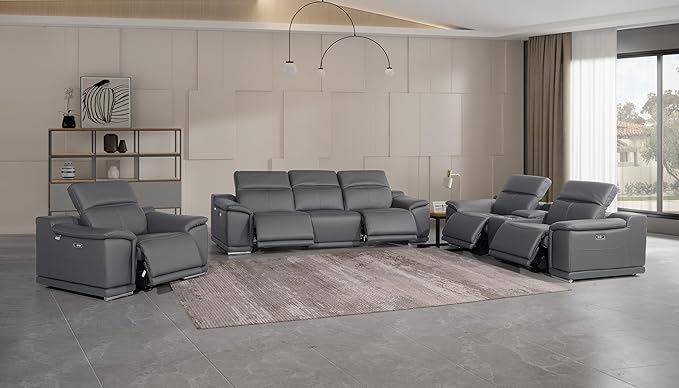 BlackJack Furniture Venice Top Grain Italian Leather Recliner 7 Seater 5 Power Reclining 3 Piece Sofa Set with Adjustable Headrests Modern Seating Sofa, Loveseat and Chair for Living Room, Dark Grey