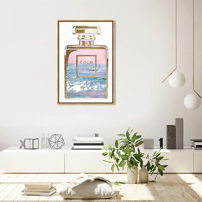 The Oliver Gal Artist Co. Fashion and Glam Wall Art Framed Canvas Prints Blush Ocean Spray Perfume Home Décor, 24" x 36", Gold Floater