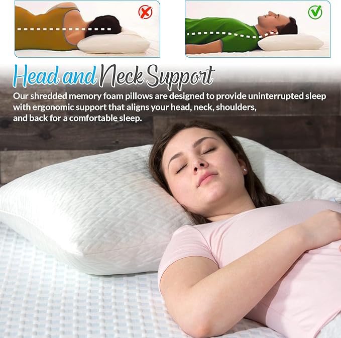 Queen Size Rayon Derived from Bamboo Pillows, Cooling Shredded Memory Foam Bed Pillow Sets for Side, Back, Stomach Sleepers, Adjustable, Washable Cover, Queen (Pack of 1)