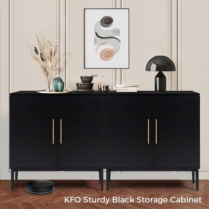 Set of 2 Storage Cabinet with Doors, Modern Black Accent Cabinet, Free Standing Cabinet, Wooden Buffet Sideboards for Living Room, Kitchen, Home Office
