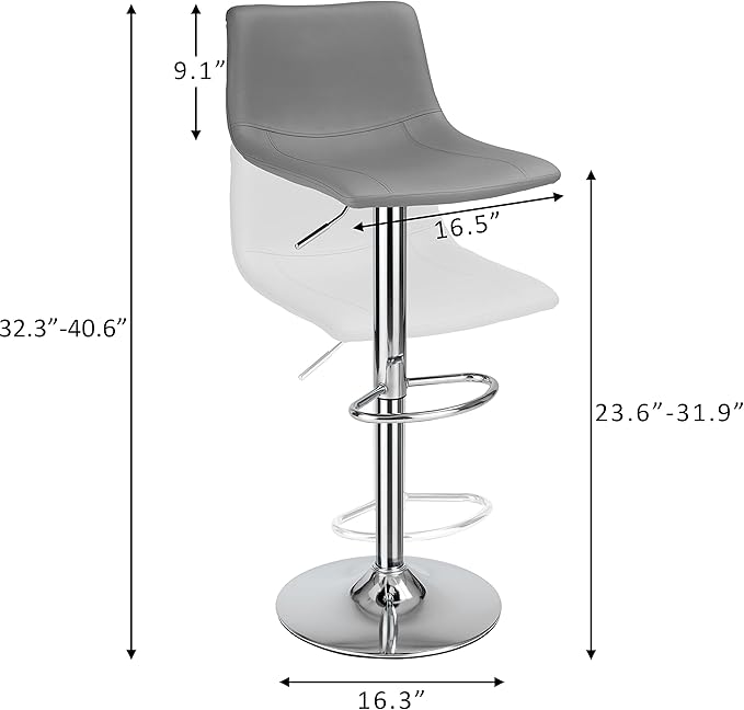 Finnhomy Bar Stools Modern PU Leather, Bar Stools Set of 2 Counter Height, Swivel Barstools with Footrest and L Shape Back, Height Adjustable Modern Bar Chairs for Kitchen, Grey