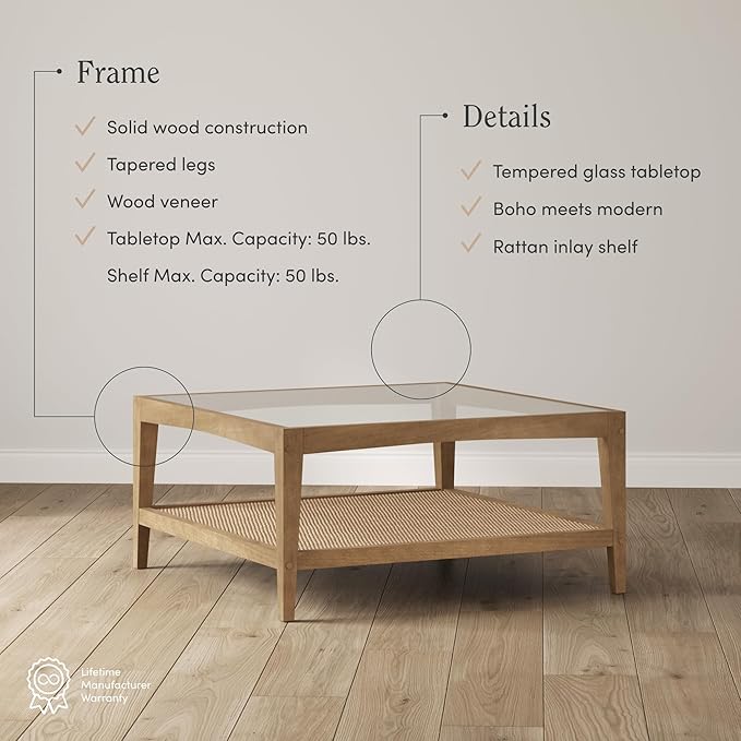Nathan James Hayes Glass Top Coffee Table, Solid Wood Coffee Table with Glass Top and Rattan Bottom Shelf, Light Brown