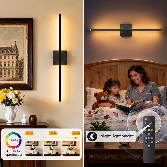 ZZXX Hardwire Wall Sconce Set of 2, 100-240V Wall Lights with Remote Control, Bathroom Wall Lamp for Living Room Bedroom Mirror Cabinet Porch Decor 350°Horizontal Rotation 28 inch