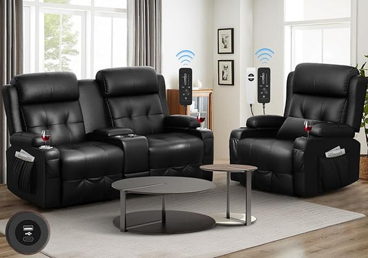 Reclining Loveseat, 2 Massage Loveseat Recliner Sofa Heavy Weight Capacity, RV Love Seat Clearance with Console, USB, Type C Port, Storage, Cup Holders, 1 Single Power Recliner Chairs Heat & Massage