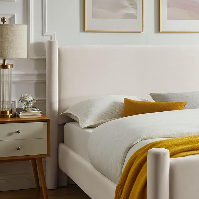 Modway Rael Queen Platform Bed Frame with Upholstered Headboard and Footboard in Alabaster – Stain-Resistant Performance Velvet Queen Size Bed with Rounded Posts