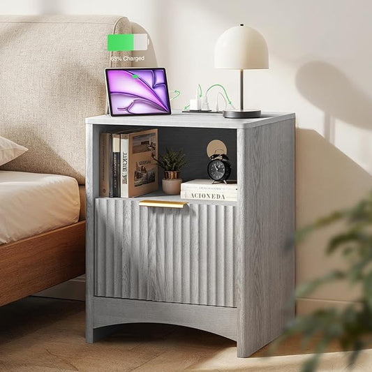Marsail Fluted Nightstand with Charging Station, Adjustable Bedside Table with USB & AC Ports, 1 Drawer End Table, Wood Grain Finish, Sleek Wide Handle, Perfect for Bedroom, Light Grey