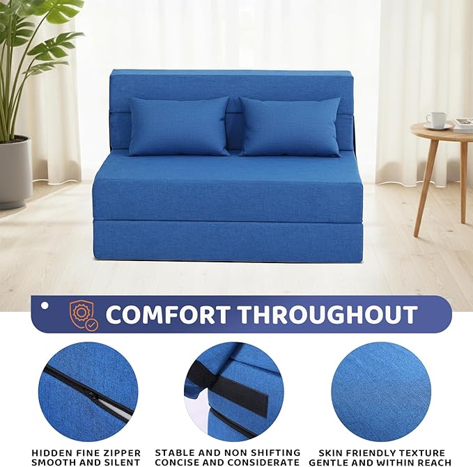 Fvkind Folding Sofa Bed, Foldable Sleeper Chair with Pillow, Convertible Fold Out Chair Bed with Washable Cover, Foldable Mattress for Living Room, Bedroom, Guest Room, Standard Size, Blue