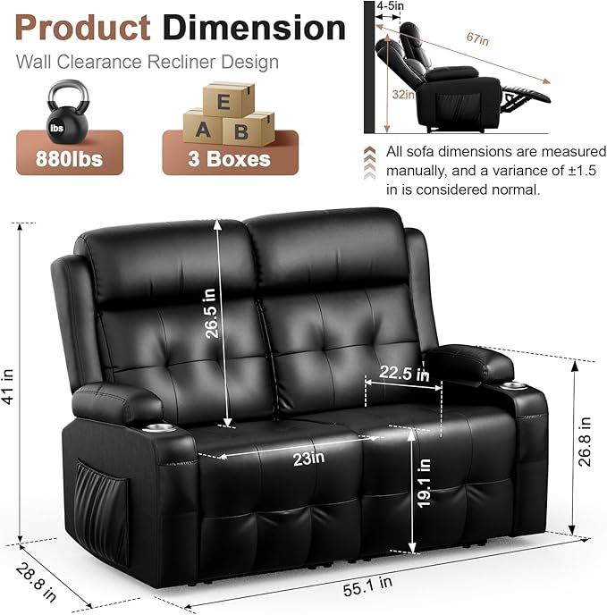 Loveseat Recliner, Oversized Reclining Loveseat, Massage Reclining Sofa With USB Port & Storage & Cup Holders, Recliner Couch, RV Wall Hugger Recliners Loveseat Clearance for Living Room & RV Camper