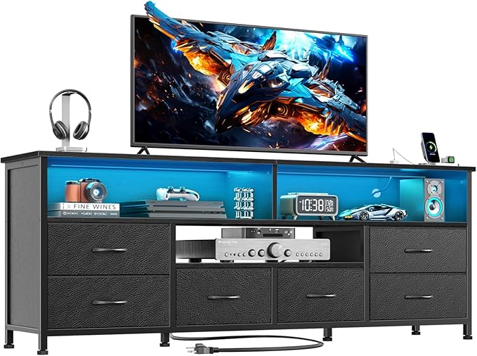 Furologee TV Stand for 65 70 Inch TVs, 63 Inch Entertainment Center Dresser for Bedroom, 6 Drawers Dresser with Power Outlets and LED Lights, Media Console with PU Leather Surface for Living Room