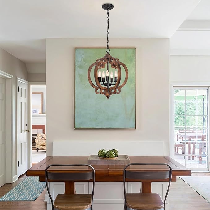 17.72'' Farmhouse Wood Chandelier, 5-Light Rustic Dining Room Light Fixture, Farmhouse Hanging Pendant Lighting, Vintage Orb Chandeliers for Kitchen Island Foyer Living Room Bedroom