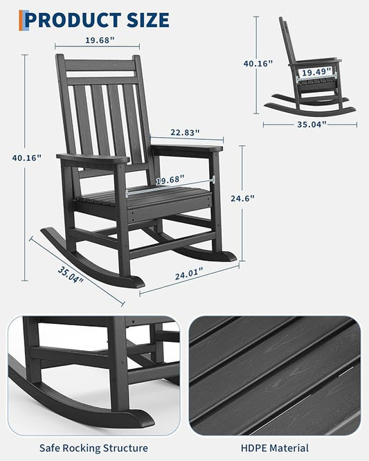 GarveeLife Poly Lumber Rocking Chair Outdoor Set of 4 with 2 Side Table - HDPE High Back Porch Rocker Chairs for Adults - All Weather Resistant Furniture for Patio - Black