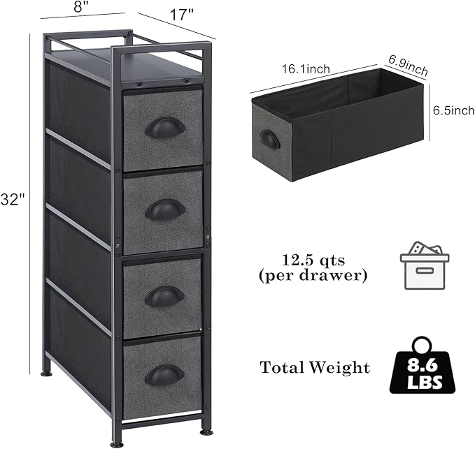 HAITRAL Narrow Dresser - 4 Drawers Slim Fabric Storage Cabinet - Vertical Standing Storage Chest - Gaps Tower Organizer with Removable Drawers and Wooden top for Laundry,Closet,Living Room,Entryway