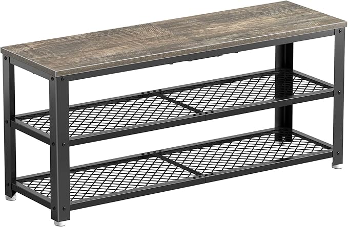 Rolanstar Shoe Bench, 3-Tier Shoe Rack, 39.4” Storage Entry Bench with Mesh Shelves Wood Seat, Rustic Foyer Bench for Hallway Front Door, Doorway, Living Room, Mudroom, Steel Frame, Gray