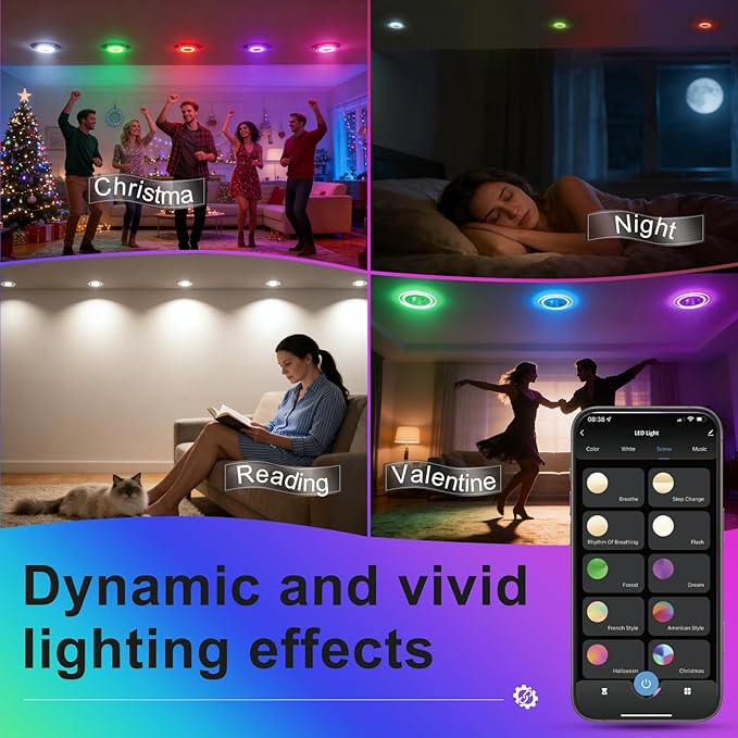 Lightdot 6 Inch Smart Recessed Lighting, 36° Spotlight + RGB Halo Ring, Dual-Zone Control, Full Metal RGBWW Color Changing LED Canless Downlight with Junction Box, Remote&App, 100-277V, 1Pack-ETL