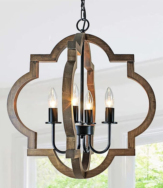 19.49'' Farmhouse Wood Chandelier, 4-Light Rustic Dining Room Light Fixture, Orb Chandelier Light Adjustable Height, Pendant Lighting for Kitchen Island Foyer Living Room Over Dining Table