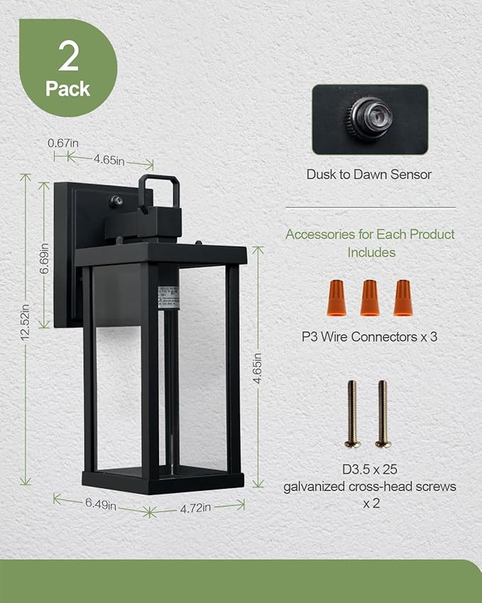 LITFIT 12.5'' Dusk to Dawn Outdoor Lighting, Outdoor Garage Lights Wall Mount, Hardwired Waterproof Porch Lights, Matte Black Outside Wall Sconce for House, Patio, Front Door, Bulbs Not Included