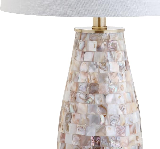 JONATHAN Y 28" Natural Mosaic Seashell Table Lamp, Coastal Contemporary Resin Lamp for Living Room Bedroom, White Linen Shade, Brass Gold Accents, LED Bulb Included JYL4005A