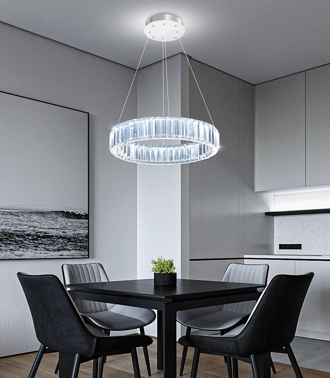 8'' Modern Ring Chandelier Crystal Chandeliers for Dining Room Round LED Dimmable Ceiling Light Fixture for Living Room Bedroom Lighting Silver