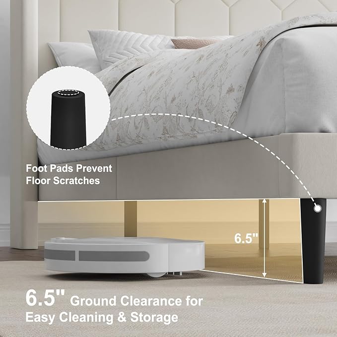 Full Size Bed Frame with Velvet Upholstered Headboard, Platform Bed Frame No Box Spring Needed, Modern Bedframe with Strong Wooden Slats, Beige