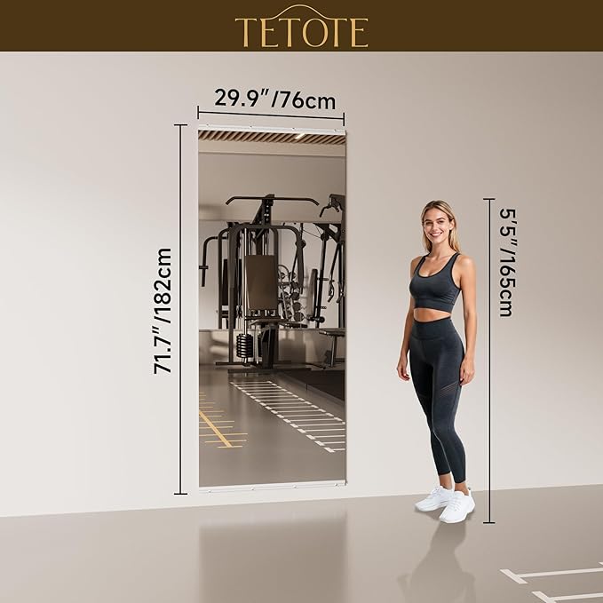 TETOTE Gym Workout Mirrors for Home Gym 72" x 30" - 1PC Large Tempered Glass Exercise Fitness Mirror Wall Mounted, Frameless Full Length Mirror for Garage, Dance Studio, Yoga, Living Room