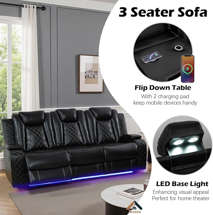 Power Recliner Sofa Set for Living Room, Leather Reclining Sofa Sets with Storage Console, Living Room Furniture Sets with LED Lights(Sofa and loveseat,Black)