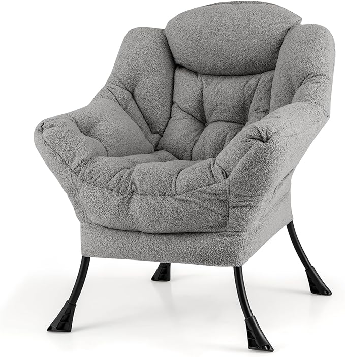 Giantex Lazy Chair, Modern Sherpa Accent Chair w/Steel Frame, Upholstered Single Sofa Chair w/Armrests & Side Pocket, Leisure Reading Lounge Chair for Living Room, Bedroom, Office, Dorm (Gray)