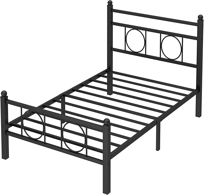 Twin Size Bed Frame Classic Metal Platform Bed Frame Mattress Foundation with Victorian Style Iron-Art Headboard/Footboard/Storage Space/No Box Spring Needed/Black