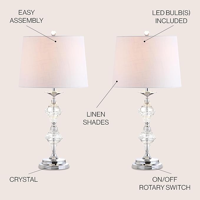 JONATHAN Y 27.5" Clear Crystal Table Lamp Set of 2 for Living Room Bedroom, Glam Traditional Chrome Nightstand Lamps, White Linen Drum Shade, LED Bulbs Included JYL2037A-SET2