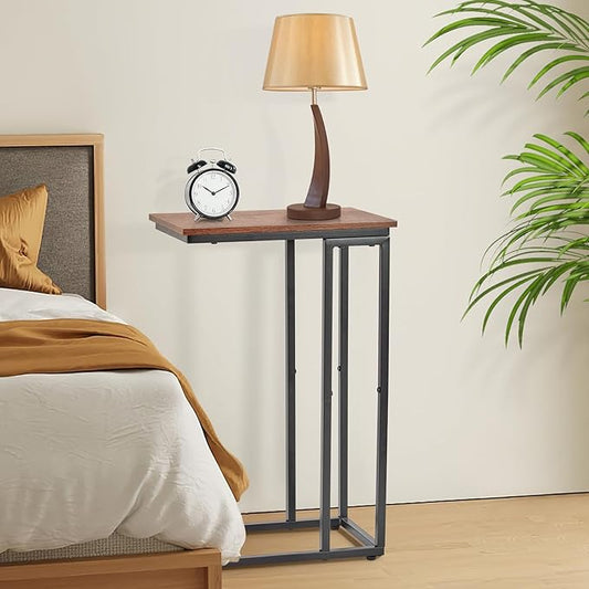 C-Shaped End Table, for Living Room, Bedroom, Small Spaces, TV Tray Couch Side Tables Laptop Table, Rustic Brown and Black