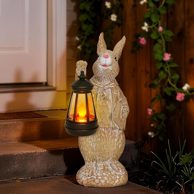 Dr. Bunny Solar Garden Statue, Easter Rabbit Figurine with Glowing Lantern, Handcrafted Resin Outdoor Decor for Patio, Balcony, Yard, Gift for Women, Housewarming, Birthday, Easter Party Decoration