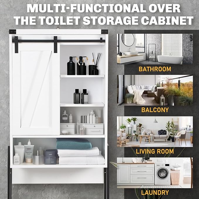 Over The Toilet Storage Cabinet, Behind Toilet Bathroom Organizer with Adjustable Shelves, Above Toilet Organizers with Barn Door, Space Saver for Restroom, Bathroom, Laundry, White