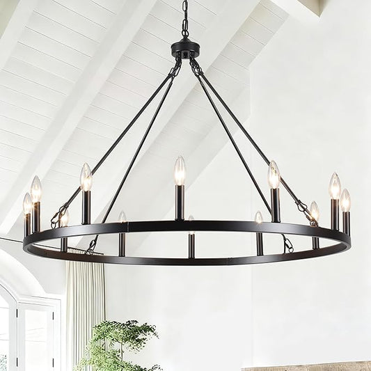 Black Wagon Wheel Chandelier 38 inch,12-Light Farmhouse Wagon Wheel Chandeliers Round Industrial Ceiling Rustic Country Light fixtures for Outdoor Porch high Ceilings Living Dining Room Foyer Entryway