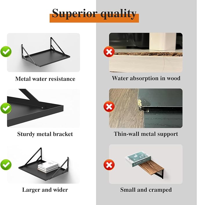 Black Deep Floating Shelves for Wall, 16W x 12D Metal Floating Shelves Set of 2, Wide Floating Bookshelves for Living Room, Kitchen, Office, Bedroom and Decor Storage