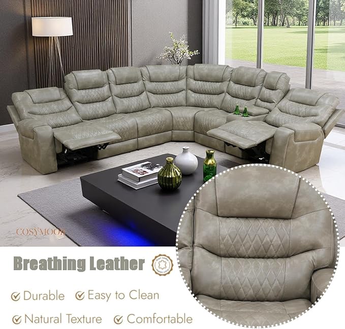 Power Recliner Sectional Sofa with LED Light for Living Room, Grey Air Leather Reclining Sofa Corner Sectional Couches Set, Cup Holder, Storage Console for Home Theater Seating, Grey
