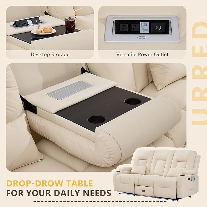 URRED Power Loveseat Recliner Sofa with Console, Wall Hugger Reclining Loveseat RV Couch with LED Light, 150° Zero Gravity Recliners Modular Couches for Living Room (Beige, 77.3'' - 3 Seats)