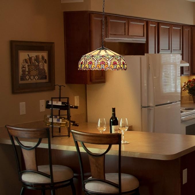 Capulina Tiffany Lamp Stained Glass Pendant Light 2-Light 16 Inches Wide Sunflower Pattern Tiffany Hanging Lamp for Dining Room Kitchen Island Home Office