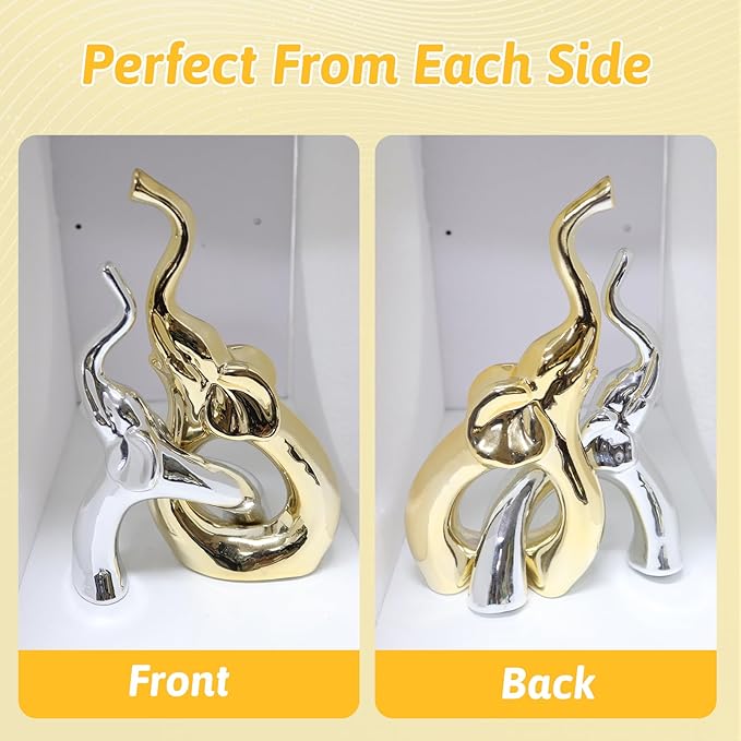 Zerzsy Loving Pair of Small Gold & Silver Elephants Statues, Modern Ceramic Sculptures Home Decor, Figurine Decorative Ornaments for Bedroom, Office Desktop, Shelf-Set of 2