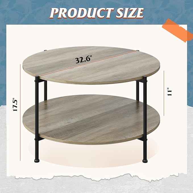 WLIVE Round Coffee Table for Living Room, 32.6" Small Coffee Table with Open Storage Shelf, 2-Tier Industrial Circle Wood Center Table for Bedroom, Home Office, Grey