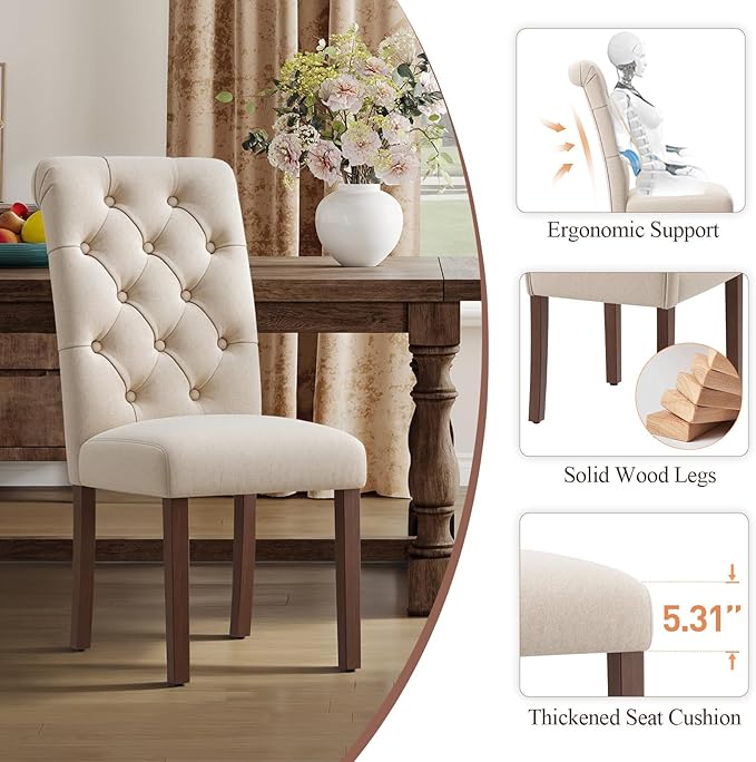 Upholstered Tufted Dining Room Chairs Set of 4, Parsons Kitchen Chairs with Padded Seat and Solid Wood Legs, Fabric Accent Side Diner Chair for Dining Room/Kitchen/Living Room, Beige