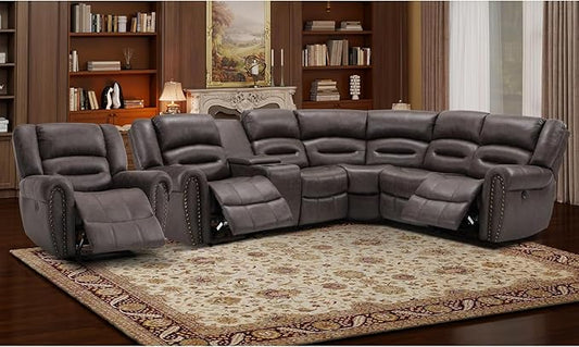 EBELLO Faux Leather Reclining Sectional Sofa Set, L-Shaped Power Corner Couch Home Furniture Set with Storage Console, Cup Holders, USB Port(Dark Brown,Sofa with Recliner)