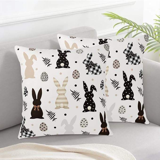 Easter Outdoor Bunny Pillow Covers 22x22 Set of 2 Black White Polka Dot Rabbit Eggs Pillow Case Farmhouse Holiday Cushion Covers for Sofa Couch Home Decor