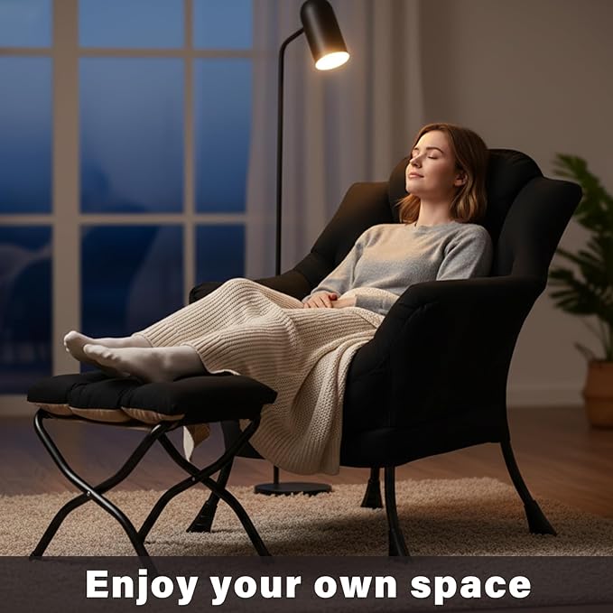 Cozy Lazy Chair and Ottoman, Large Peach Black Contemporary Accent Chair Set, Leisure Upholstered Reading Armchair for Office, Bedroom, Living Room, Dorm Rooms, Balcony