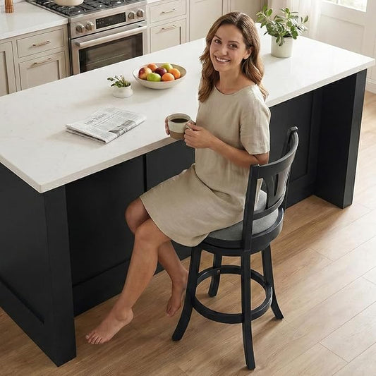 Swivel Bar Stools Set of 3,26 Inch Counter Height Barstool with Silent Rotation, High-Density Foam Cushion, Solid Wood Frame, Footrest & Anti-Slip Pads for Kitchen Islands and Home Bars (Grey)
