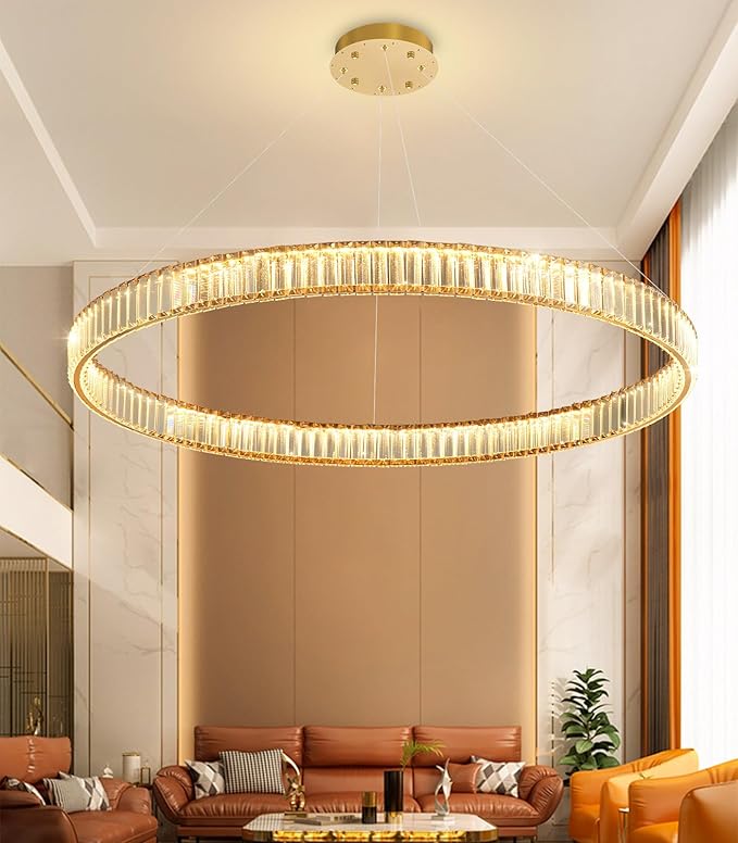 40'' Modern Ring Chandelier Crystal Chandeliers for Dining Room Round LED Dimmable Ceiling Light Fixture for Living Room Bedroom Lighting Gold