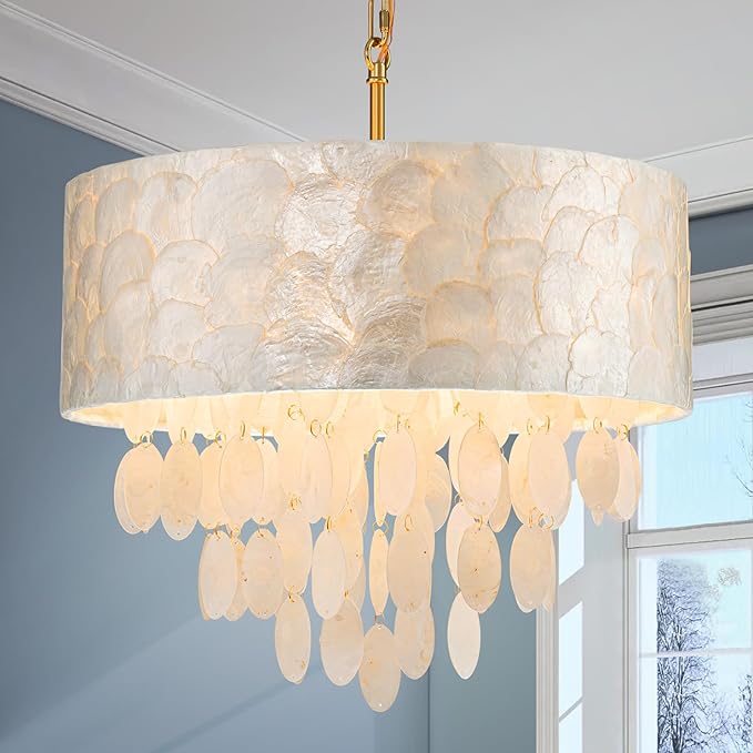 4-Light Drum Capiz Shell Chandeliers, Coastal Style Pendant Light Fixture for Dining Room, Living Room, D18 x 21~68"(Adjustable Height), Shell Lampshade & Gold Finish