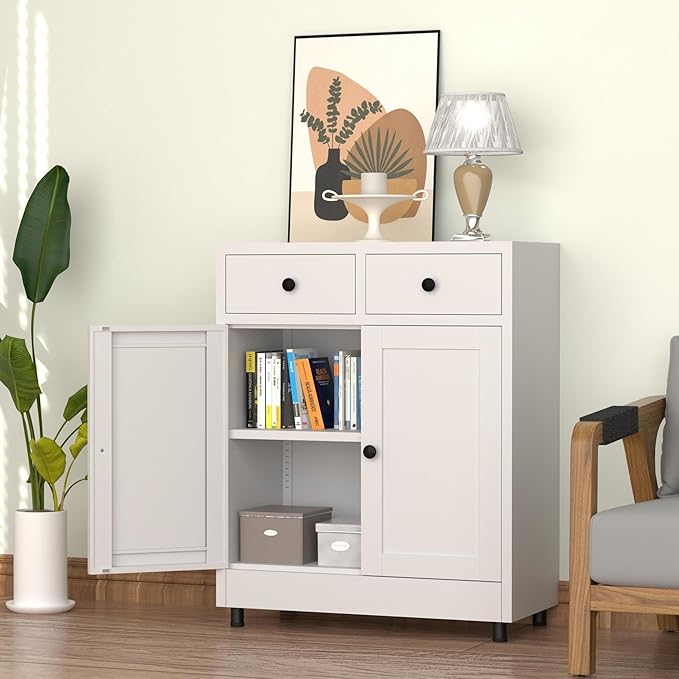 Metal Storage Cabinet with 2 Drawers and Adjustable Shelf, Sideboard Buffet Cabinet for Home, Office, Hallway, Entryway, Living Room, Kitchen Pantry and Dining Room (White)